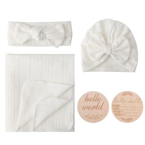 DRESHOW BQUBO Baby Swaddle Blankets Set 4PCS White with Hat and Bow