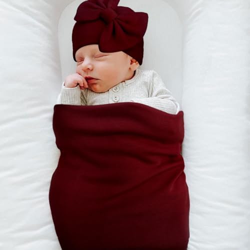 AQOKKA Newborn Swaddle Blanket with Bow Hat Mittens Wooden Card Set 1