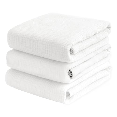 Breebleep Muslin Swaddle Blankets - 3 Pack White 47x47 Inch