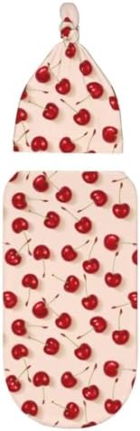 Red Cherrys Pattern Newborn Swaddle Blanket Hat Set