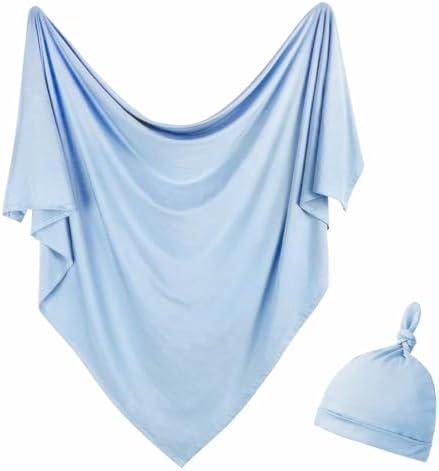 Aijoviko Newborn Swaddle Blanket with Hat Set Baby Blue