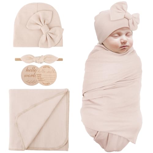 AQOKKA Newborn Swaddle Blanket with Bow Hat Headband Set
