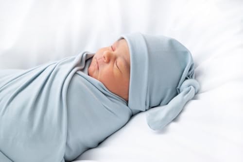 Aijoviko Newborn Swaddle Blanket with Hat Set Baby Blue