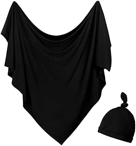 Aijoviko Newborn Swaddle Blanket with Hat Set Black