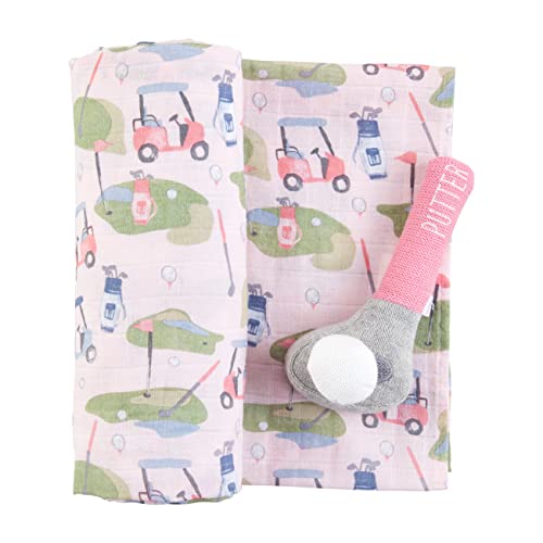 Mud Pie Pink Golf Swaddle Blanket and Rattle Set