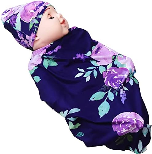 TANOFAR Newborn Swaddle Blanket with Beanie Set Purple Flower