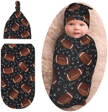 Football Baby Swaddle Blanket Beanie Set for Newborns
