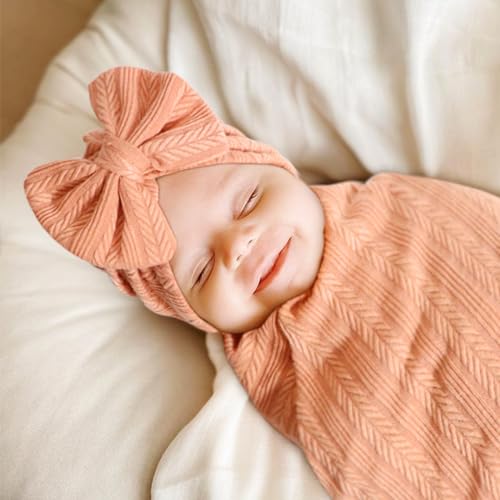 AQOKKA Newborn Swaddle Blanket with Bow Hat and Wooden Card 1