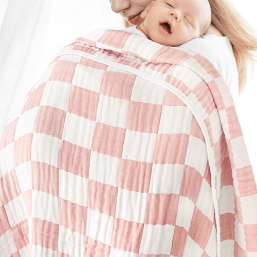 BEILIMU Muslin Swaddle Blanket 43x43in Light Pink Chessboard