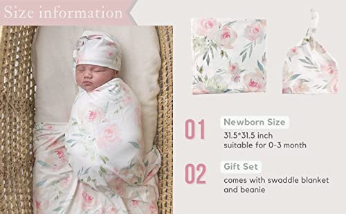Giggle Angel Baby Girl Swaddle Blanket Set with Beanie Pink 3