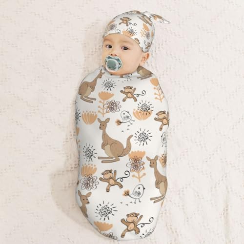 Muishi Funny Kangaroo Monkey Swaddle Blanket Hat Set