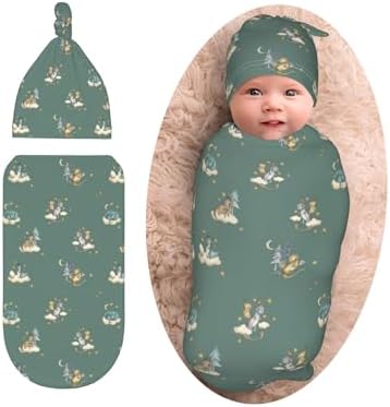 Sozzjile Cute Dragon Print Baby Swaddle Blanket with Beanie Set