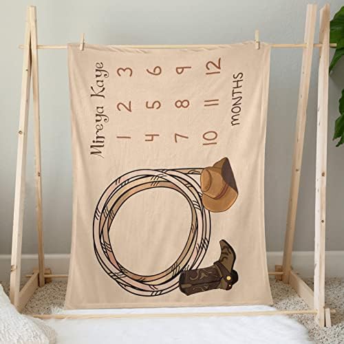 Deven Personalized Baby Blanket - Soft Cowboy Hat Boot Milestone Blanket 30x40 in
