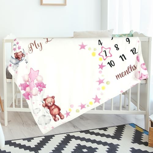 Sleeping Bear Baby Milestone Blanket with Star Frame for Boys Girls