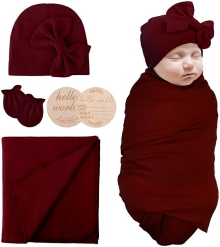 AQOKKA Newborn Swaddle Blanket with Bow Hat Mittens Wooden Card Set 1
