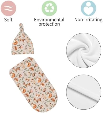 Qiankang Cartoon Animals Swaddling Blanket Beanie Set