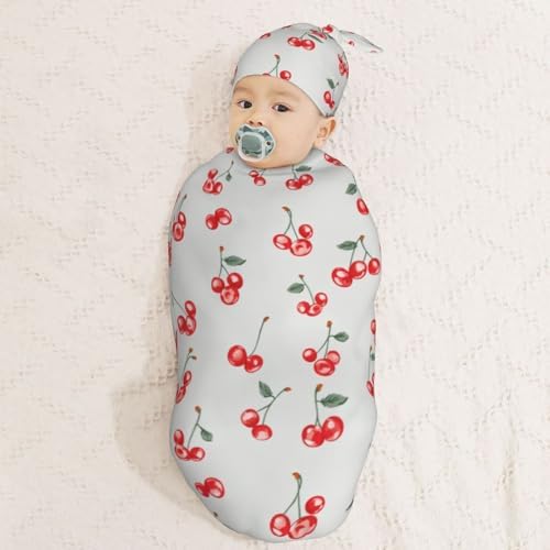 Small Red Cherries Swaddle Blanket Hat Set for Newborns