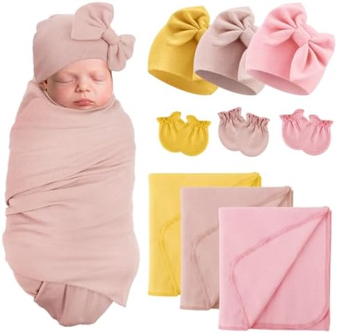 AQOKKA Newborn Swaddle Blanket with Bow Hat Mittens Set
