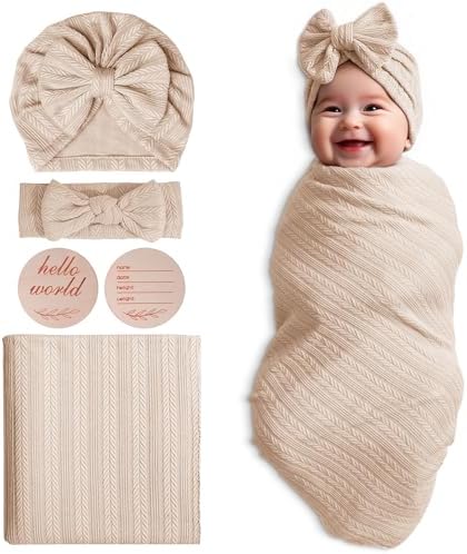 Golener Baby Swaddle Set - Swaddling Blankets Bow Hat Headband Birth Cards
