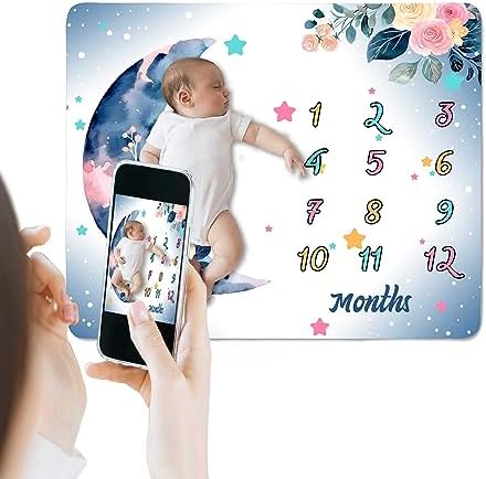 Moon Baby Milestone Blanket - Watercolor Pink Flower Design