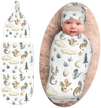 Sozzjile Dragon Print Swaddle Blanket with Beanie Set 1