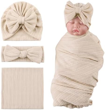 OMUKY Newborn Swaddle Blanket Set with Beanie and Headband
