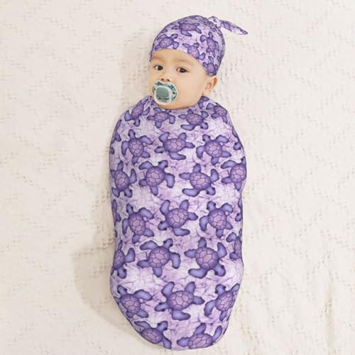Muishi Purple Sea Turtle Swaddle Blanket Hat Set