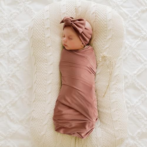 GRSSDER Newborn Swaddle Blanket with Headband and Beanie Set