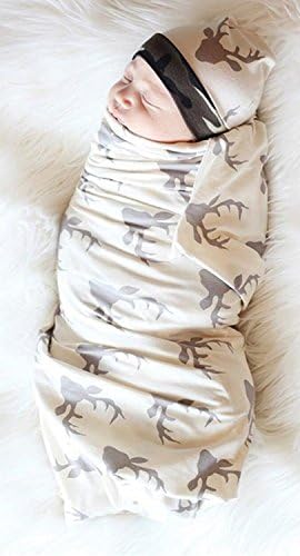 AlwaysFun Soft Cotton Newborn Swaddle Blanket with Deer Print and Hat