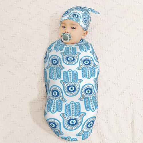 Muishi Hamsa Hand Evil Eye Swaddle Blanket Hat Set