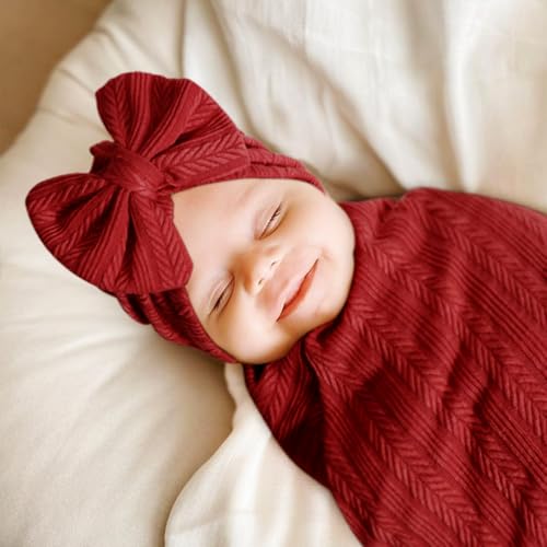 AQOKKA Newborn Swaddle Blanket with Bow Hat and Wooden Card