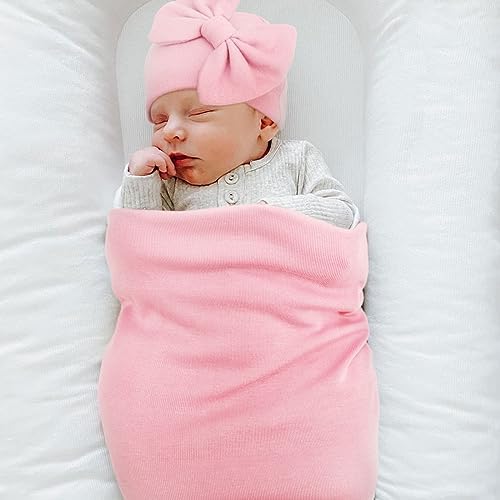AQOKKA Newborn Swaddle Blanket with Bow Hat Mittens Set