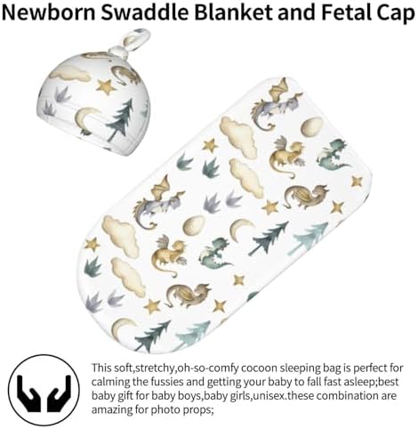 Sozzjile Dragon Print Swaddle Blanket with Beanie Set 1