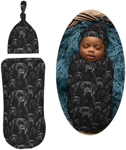 Muishi Black Labrador Swaddle Blanket and Hat Set