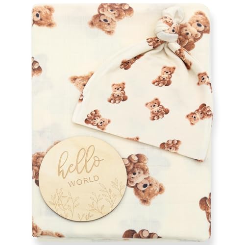 LifeTree Muslin Swaddle Blanket with Bear Hat Set