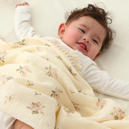 Insular Cotton Muslin Baby Blanket with Tassel 47 x 40 Pink Rose
