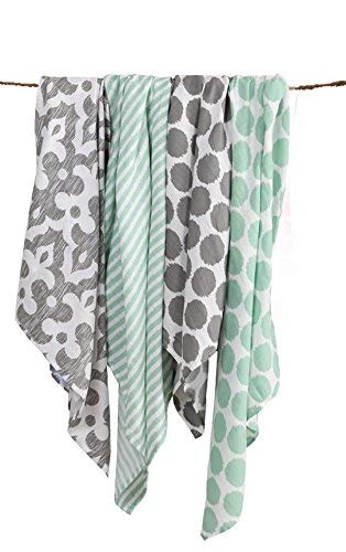 Bacati Ikat Mint Grey Dots Stripes Swaddling Muslin Set of 4