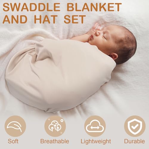 JaGely 2 Pack Baby Swaddle Blanket and Hat Set