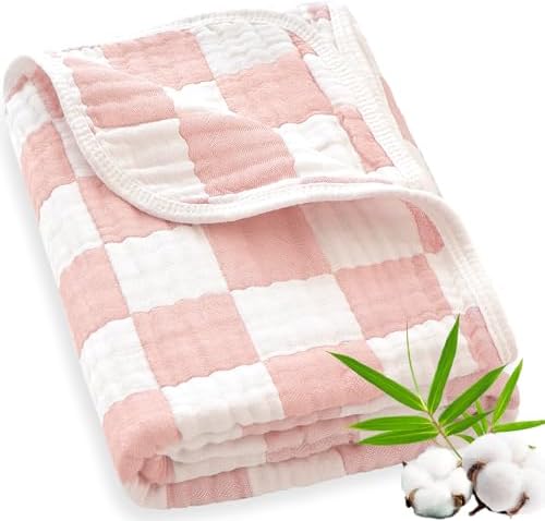 BEILIMU Muslin Swaddle Blanket 43x43in Light Pink Chessboard
