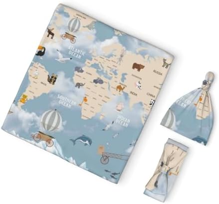 Salelf Animals Travel World Map Swaddling Blanket 3PCS Set