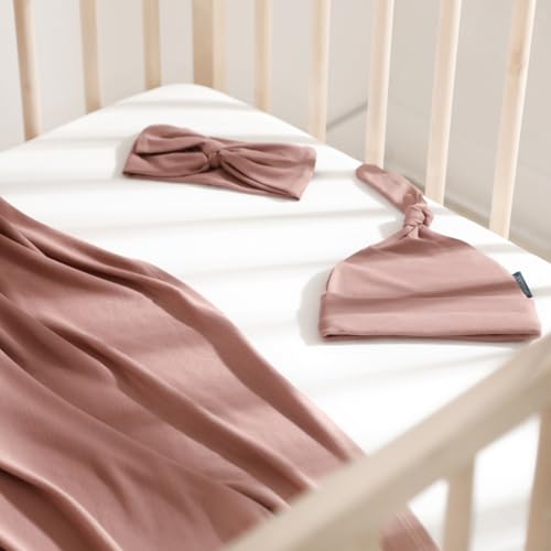 GRSSDER Newborn Swaddle Blanket with Headband and Beanie Set