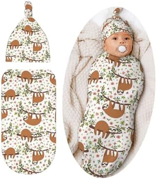 Lcokin Cute Sloth Baby Swaddle Blanket Hat Set