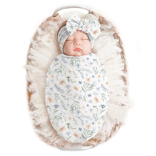 Konssy Baby Girl Swaddle Blanket with Headband Set