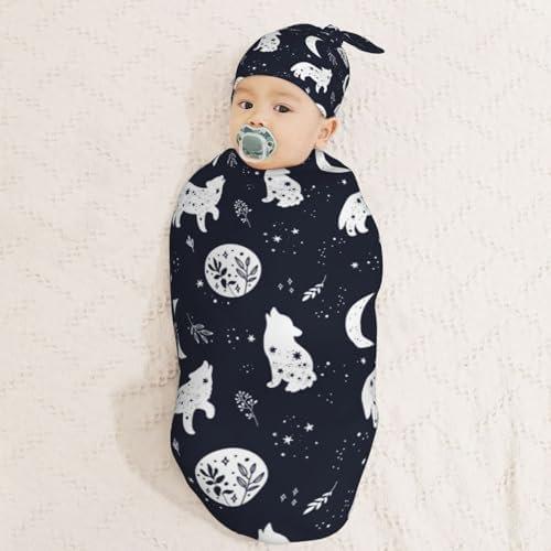 Boho Wolf Newborn Swaddle Blanket Hat Set