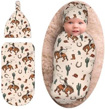Sozzjile Western Baby Swaddle Blanket with Beanie Set