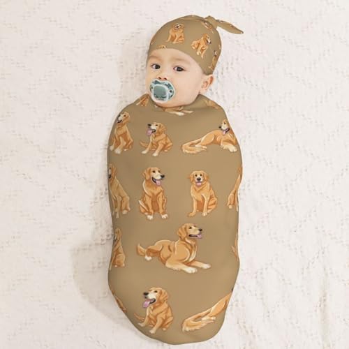 Funny Cute Golden Retriever Swaddle Blanket and Beanie Hat Set