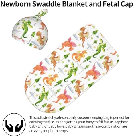 Dragon and Tree Print Swaddle Blanket with Beanie Set