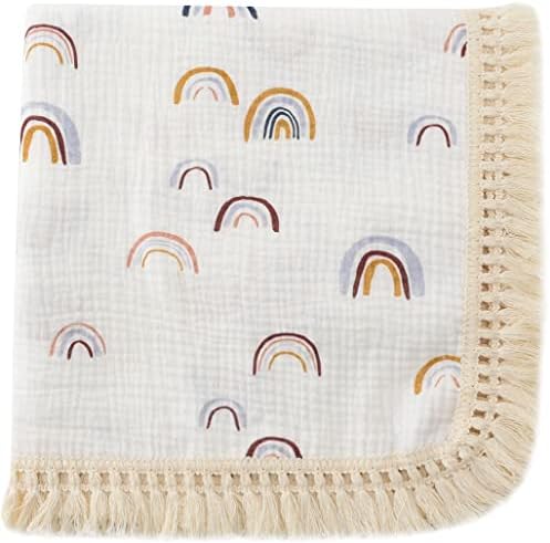 CHUNGEL Boho Rainbow Baby Blanket 40x47 Gender Neutral Tassel Muslin with Fringe