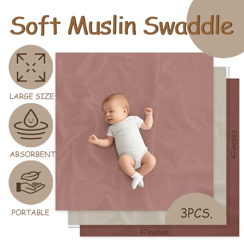 Breebleep Muslin Swaddle Blankets 3-Pack for Newborn