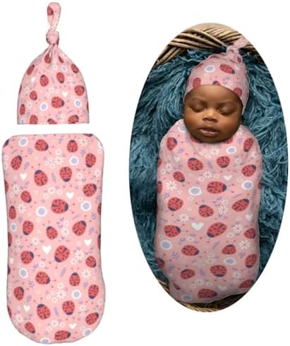 Muishi Ladybugs Hearts Flowers Swaddle Blanket Hat Set